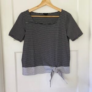 Ann Taylor Striped Top Tie Front Square Neck Blue White Nautical Preppy XS